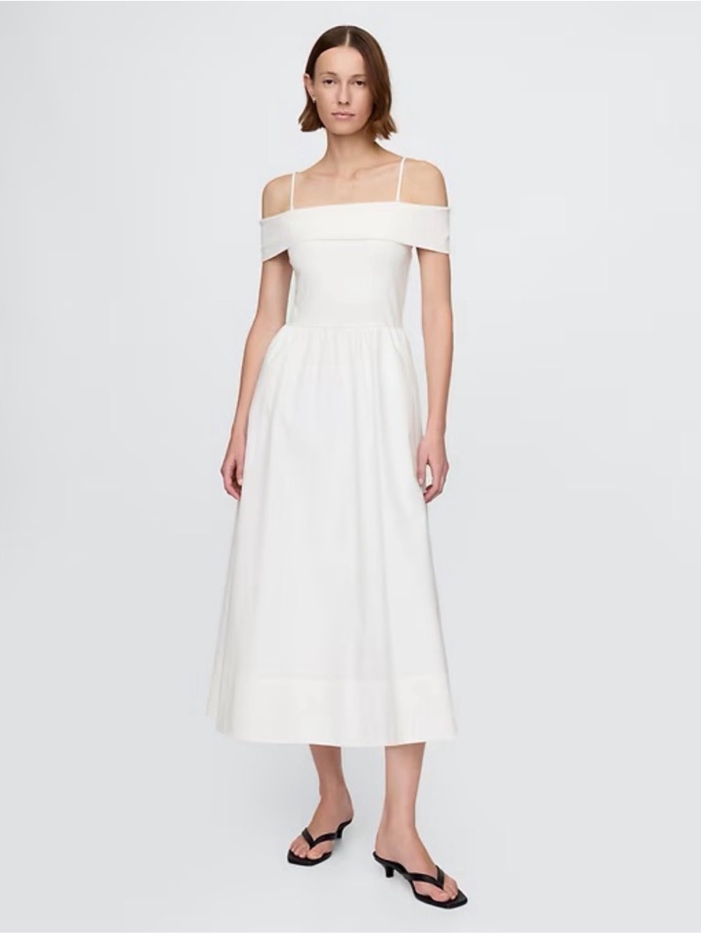 GAP Mixed Media Off-Shoulder White Midi Dress with Removable Spaghetti Straps